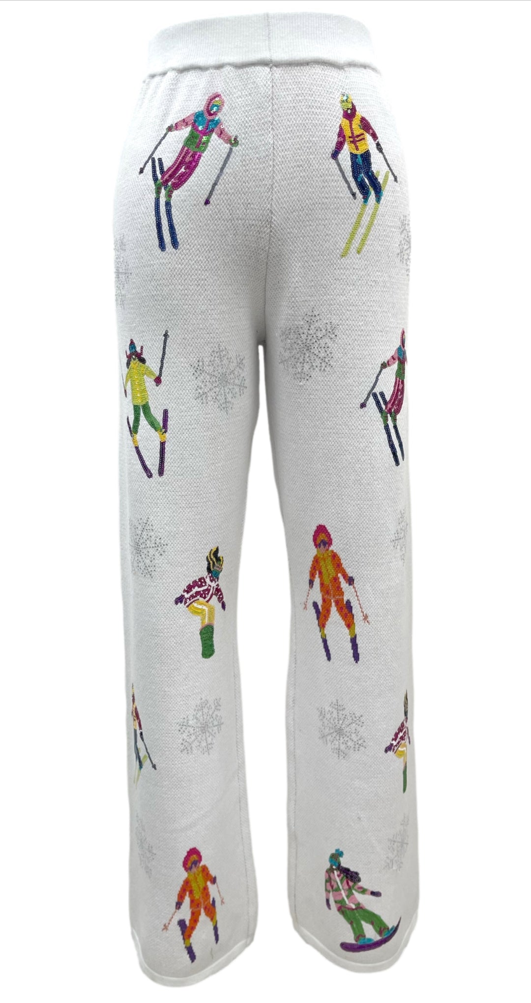 Queen Of Sparkles White Skiers & SnowFlakes Knit Pants-QOS Bottoms-Queen Of Sparkles-Shop with Bloom West Boutique, Women's Fashion Boutique, Located in Houma, Louisiana