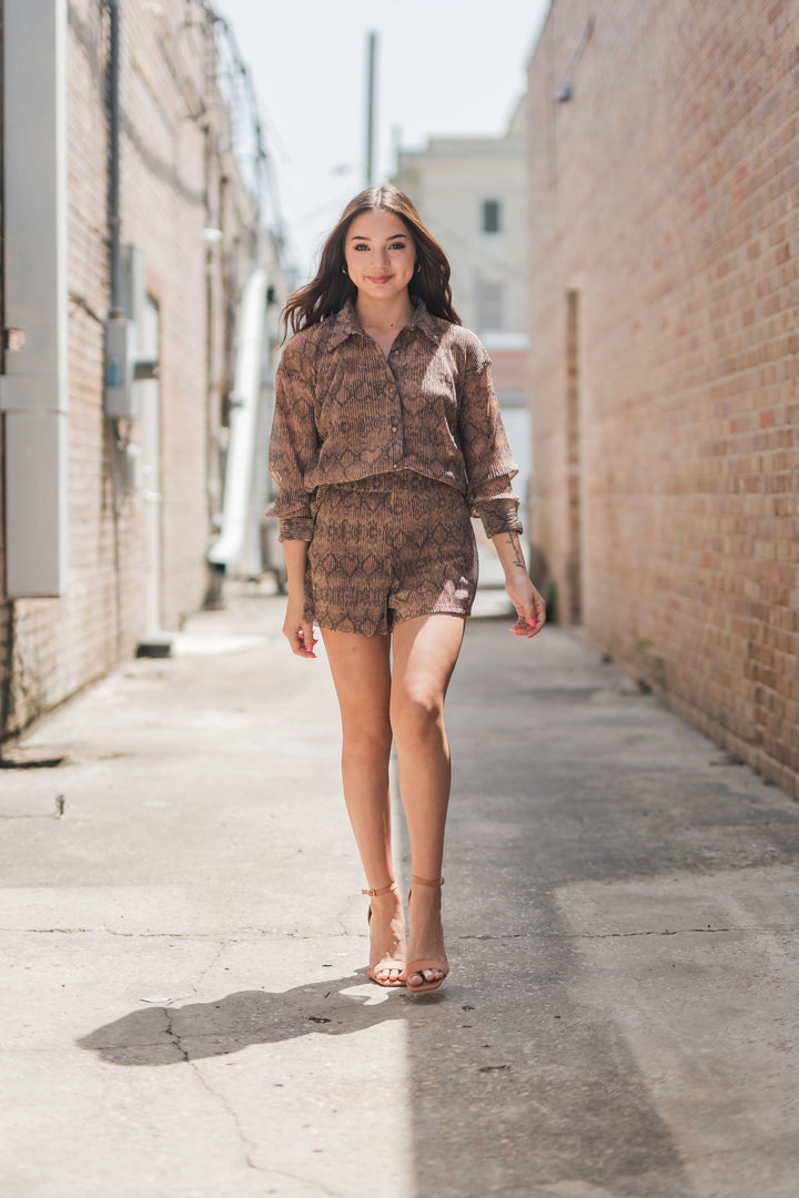 Brittany Snake Print Button Top And Metallic Sheer Shorts Brown-Shorts-Bloom West Boutique-Shop with Bloom West Boutique, Women's Fashion Boutique, Located in Houma, Louisiana