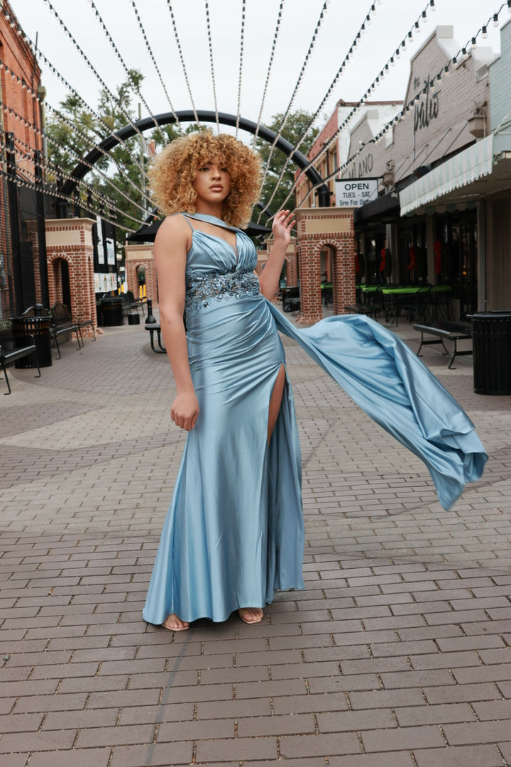 Tiffany Fitted Satin Gown With Lace Detail-Formal Gowns-cinderella by divine-Shop with Bloom West Boutique, Women's Fashion Boutique, Located in Houma, Louisiana