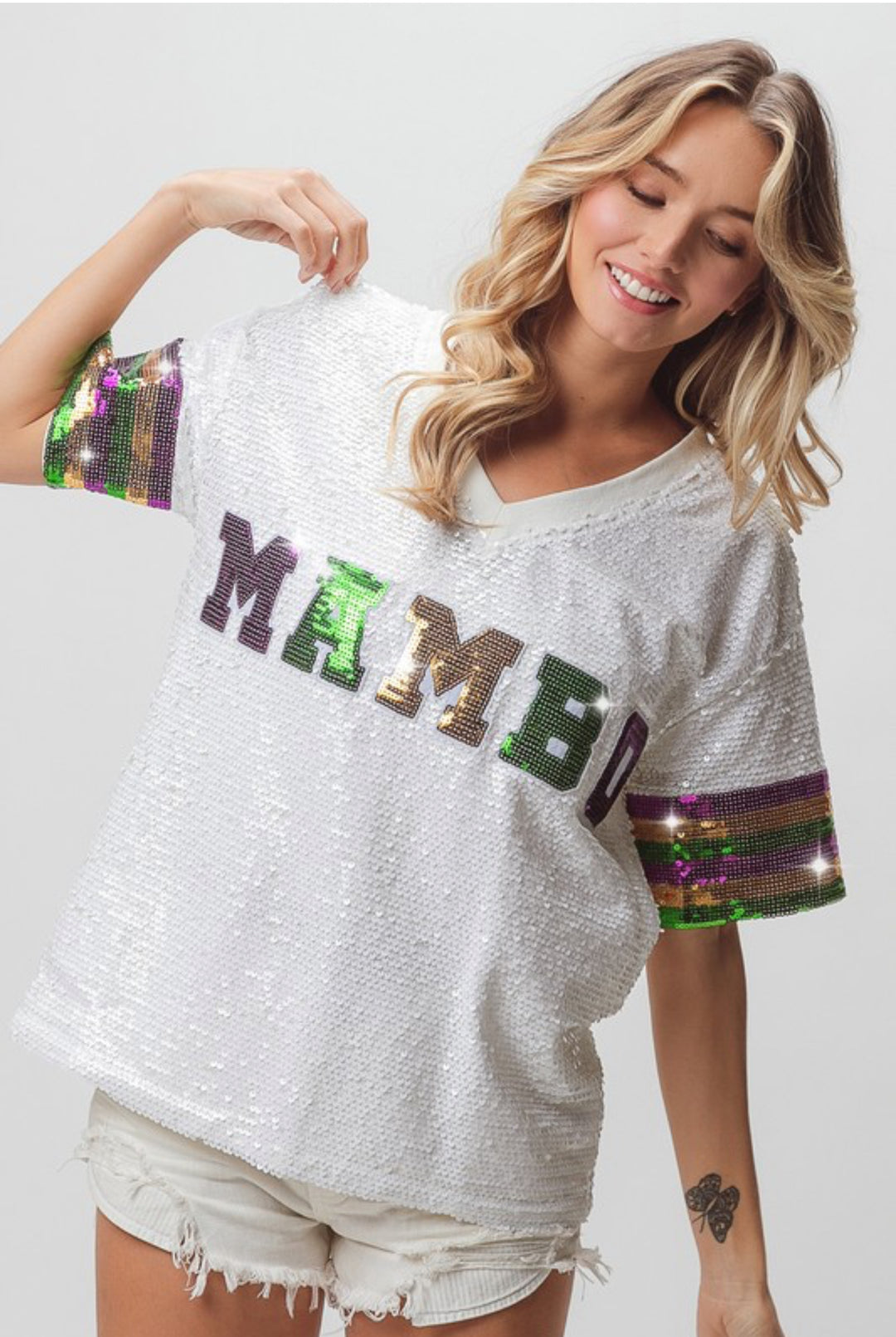 Mardi Gras Mambo Sequin V-Neck Top-Graphic Tees-Bibi-Shop with Bloom West Boutique, Women's Fashion Boutique, Located in Houma, Louisiana