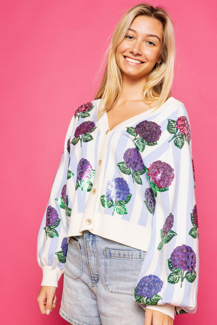 Queen of Sparkles Blue and White Striped Hibiscus Cardigan-QOS Tops-Queen Of Sparkles-Shop with Bloom West Boutique, Women's Fashion Boutique, Located in Houma, Louisiana