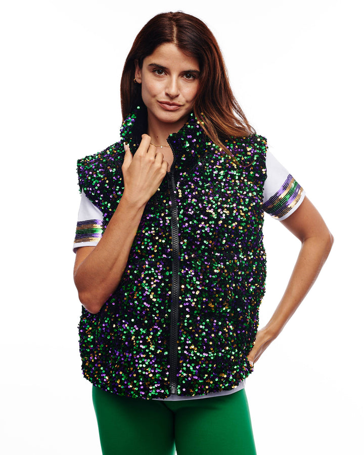 Mardi Gras Sequin Puffer Vest-Vests-SongLily-Shop with Bloom West Boutique, Women's Fashion Boutique, Located in Houma, Louisiana