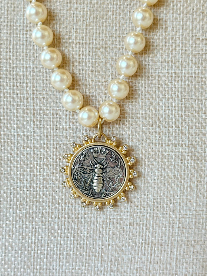 Silver Queen Bee Coin Pearl Necklace-Necklaces-Erin Knight Designs-Shop with Bloom West Boutique, Women's Fashion Boutique, Located in Houma, Louisiana