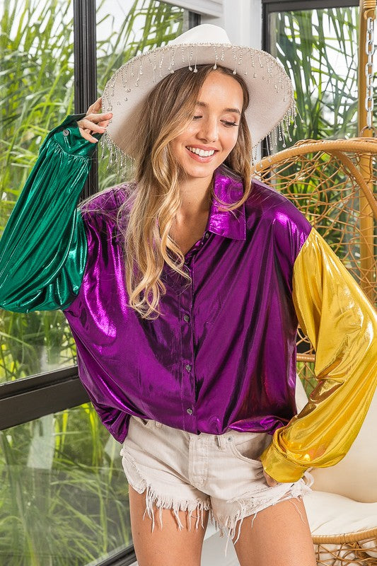 Mardi Gras Metallic Silky Button Down Top-Long Sleeves-Bibi-Shop with Bloom West Boutique, Women's Fashion Boutique, Located in Houma, Louisiana