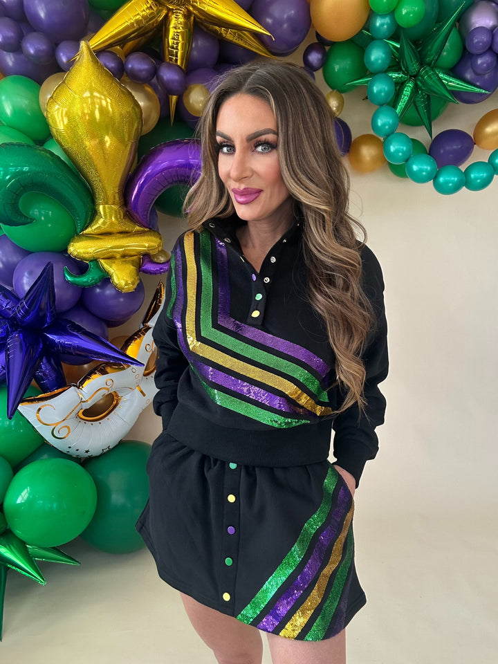 Queen of Sparkles Black Diagonal Mardi Gras Stripe Skirt-QOS Bottoms-Queen Of Sparkles-Shop with Bloom West Boutique, Women's Fashion Boutique, Located in Houma, Louisiana