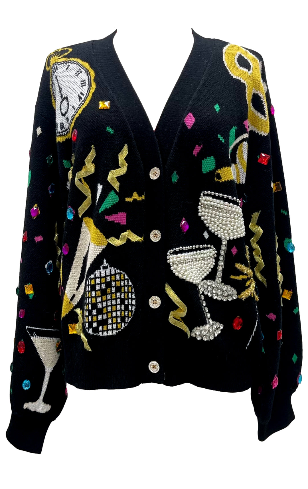 Queen Of Sparkles Black NYE Button Up Cardigan-Cardigans-Queen Of Sparkles-Shop with Bloom West Boutique, Women's Fashion Boutique, Located in Houma, Louisiana