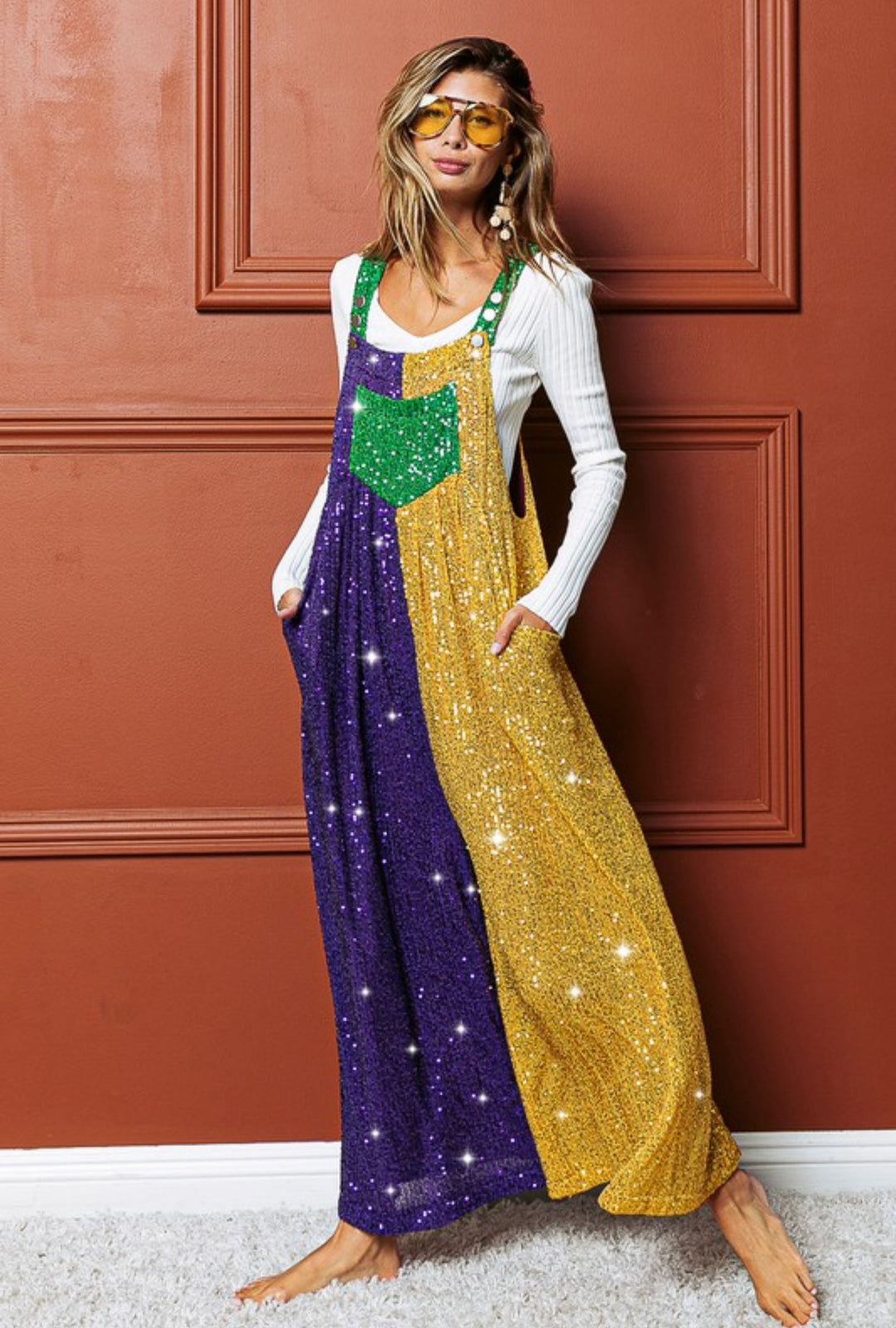 Sequin Mardi Gras Color Block Overalls-Jumpsuits-Bibi-Shop with Bloom West Boutique, Women's Fashion Boutique, Located in Houma, Louisiana