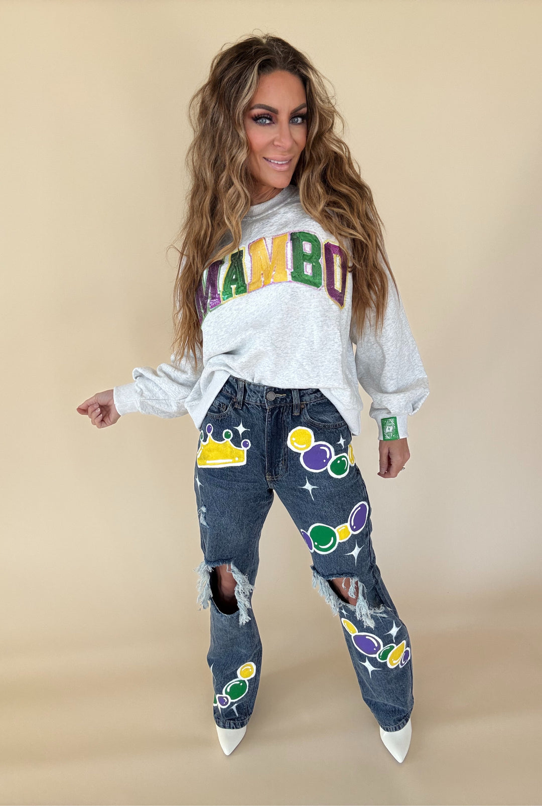 Throw Me Something Mister Mardi Gras Jeans-Jeans-Bloom West Boutique Custom-Shop with Bloom West Boutique, Women's Fashion Boutique, Located in Houma, Louisiana