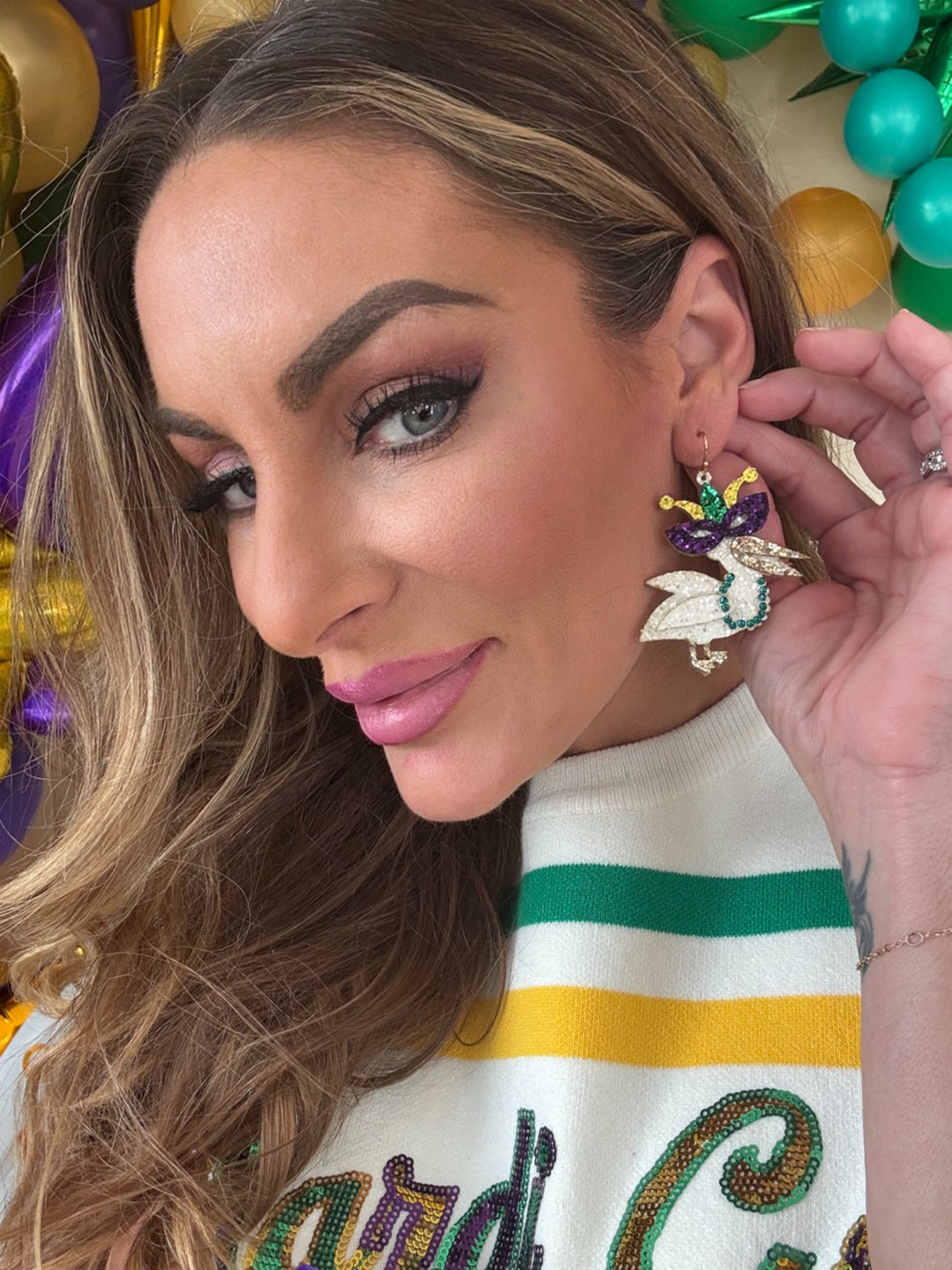 Pelican Mardi Gras Mask Earrings-Earrings-zim designs-Shop with Bloom West Boutique, Women's Fashion Boutique, Located in Houma, Louisiana