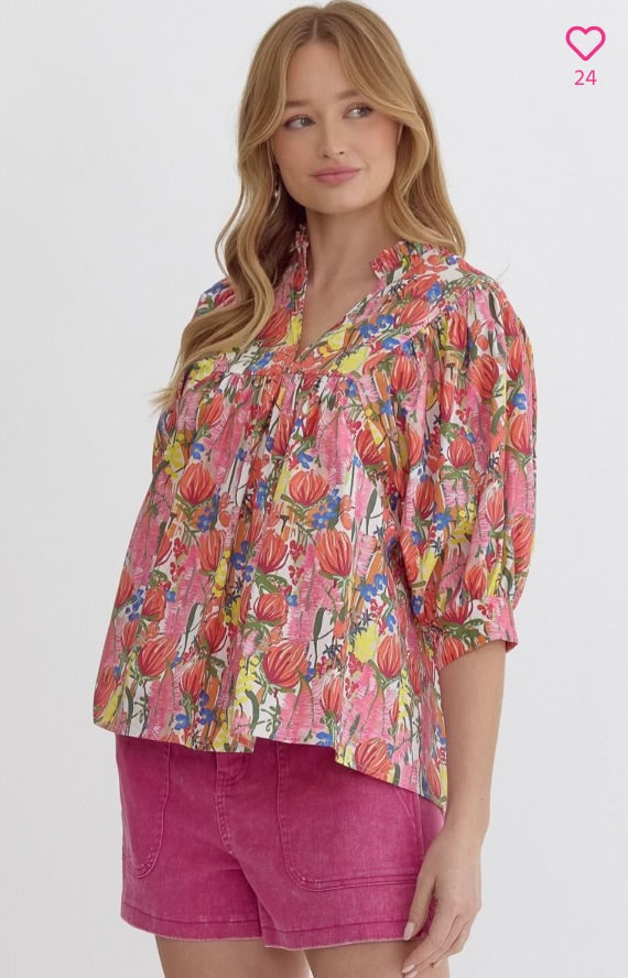 Flora Flower Pattern Blouse-Tops-Entro-Shop with Bloom West Boutique, Women's Fashion Boutique, Located in Houma, Louisiana