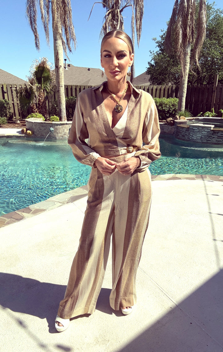 Vintage Havana Cocoa Stripe Woven Metallic Set-Two Piece Set-Vintage Havana-Shop with Bloom West Boutique, Women's Fashion Boutique, Located in Houma, Louisiana