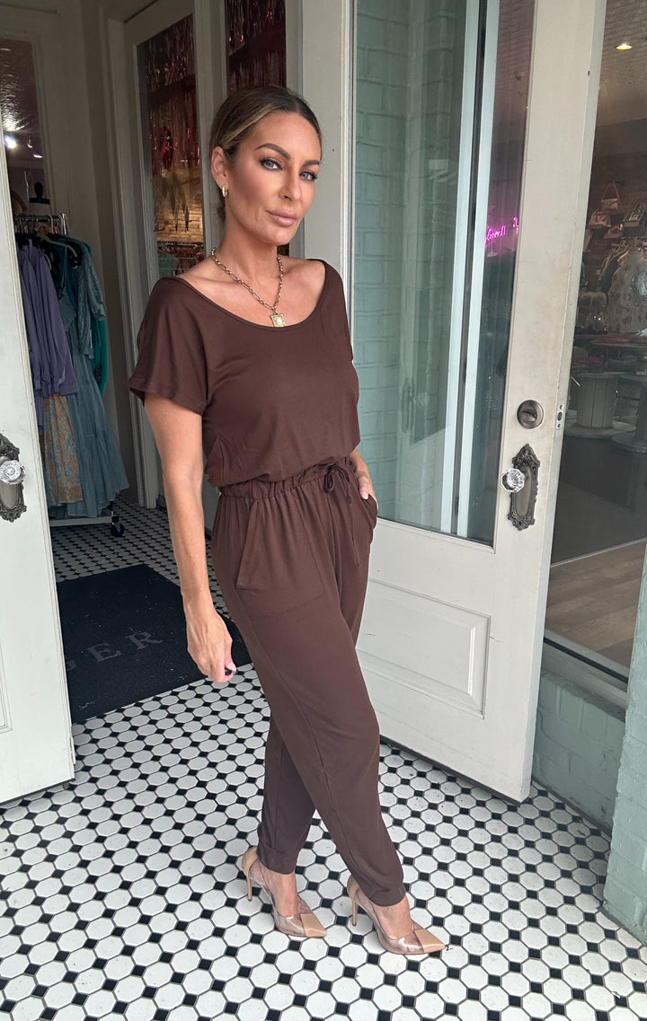 Hilary Two-Way Shoulder Drawstring Jumpsuit-Jumpsuits-Capella Apparel-Shop with Bloom West Boutique, Women's Fashion Boutique, Located in Houma, Louisiana