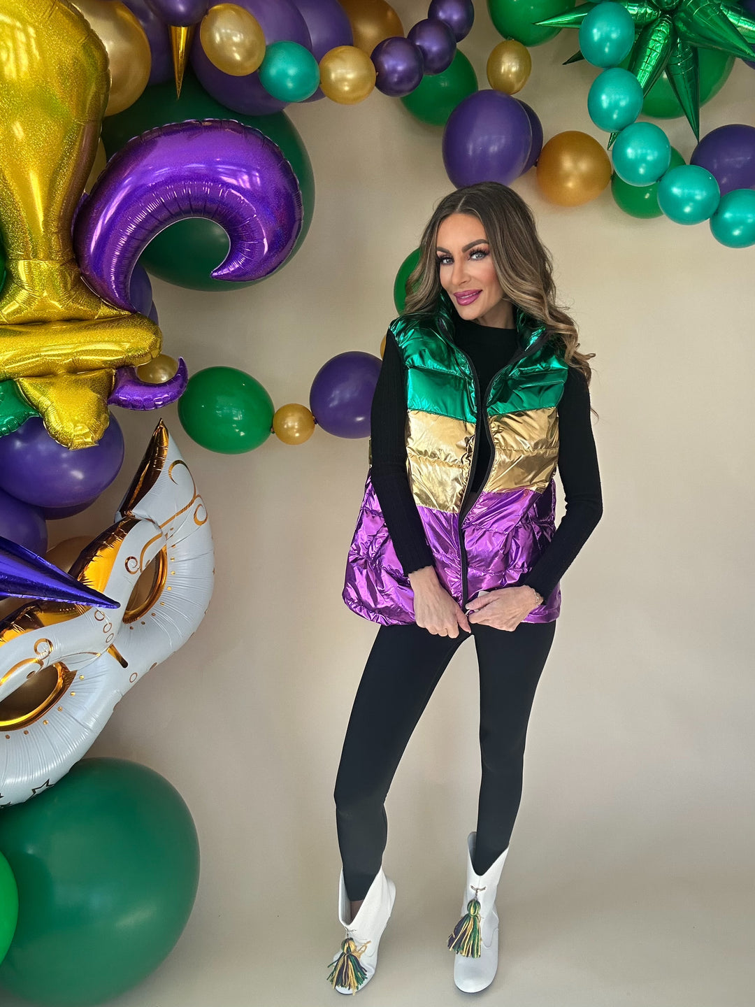 Mardi Gras Color Block Puffer Vest Preorder-Jackets-Wona Trading-Shop with Bloom West Boutique, Women's Fashion Boutique, Located in Houma, Louisiana