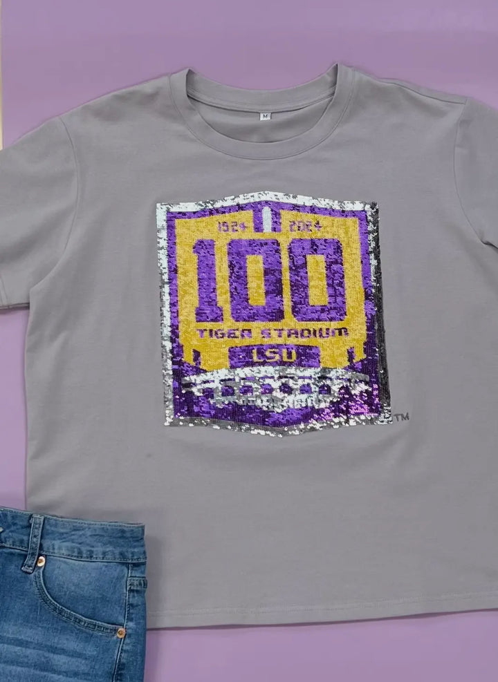 LSU 100 Years Tiger Stadium (Licensed) Sequin Tee-Graphic Tees-Bomb Designs-Shop with Bloom West Boutique, Women's Fashion Boutique, Located in Houma, Louisiana