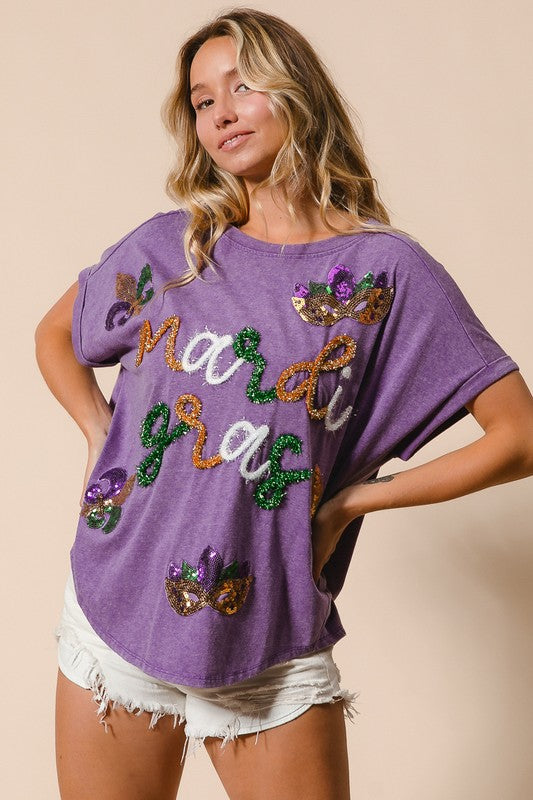 Mardi Gras Tinsel and Sequin Fleur Dis Le with Mask Patches Shirt-Graphic Tees-Bibi-Shop with Bloom West Boutique, Women's Fashion Boutique, Located in Houma, Louisiana