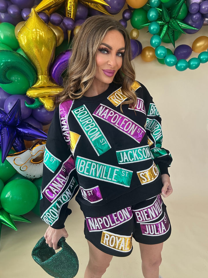 Queen of Sparkles Black Metallic Nola Street Signs Mardi Sweatshirt-QOS Tops-Queen Of Sparkles-Shop with Bloom West Boutique, Women's Fashion Boutique, Located in Houma, Louisiana