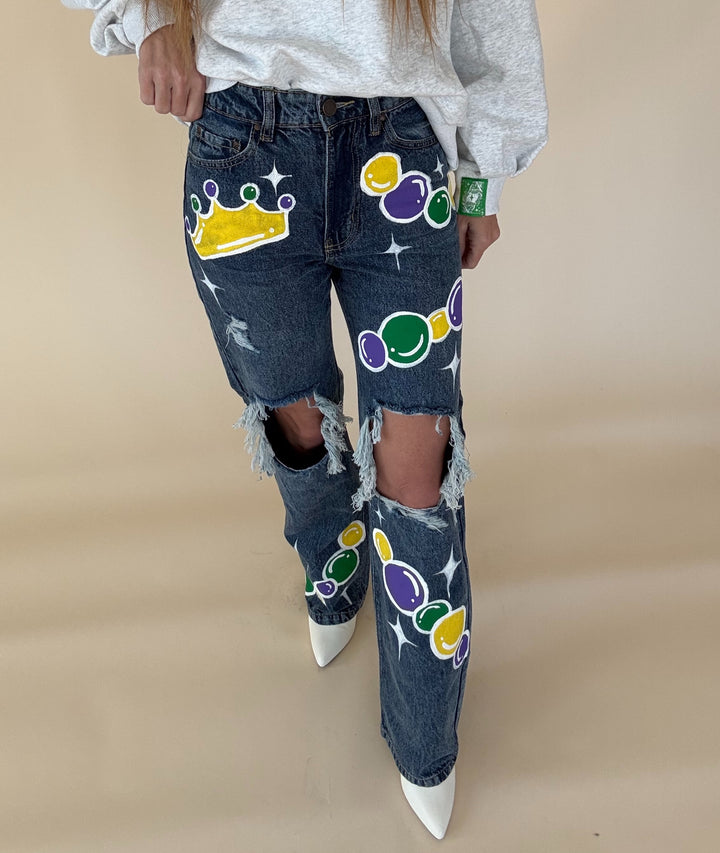 Throw Me Something Mister Mardi Gras Jeans-Jeans-Bloom West Boutique Custom-Shop with Bloom West Boutique, Women's Fashion Boutique, Located in Houma, Louisiana