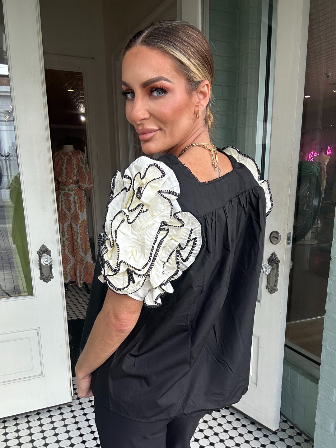 Embur Bouse With White Ruffled Sleeves-Short Sleeves-Entro-Shop with Bloom West Boutique, Women's Fashion Boutique, Located in Houma, Louisiana