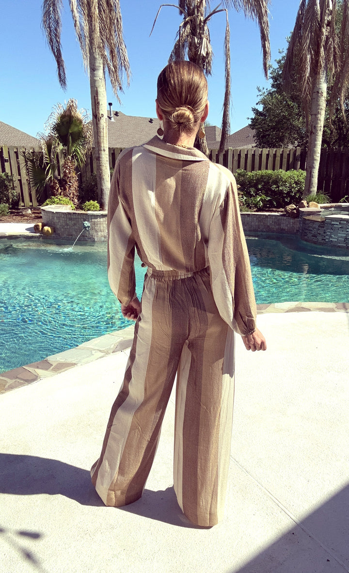 Vintage Havana Cocoa Stripe Woven Metallic Set-Two Piece Set-Vintage Havana-Shop with Bloom West Boutique, Women's Fashion Boutique, Located in Houma, Louisiana