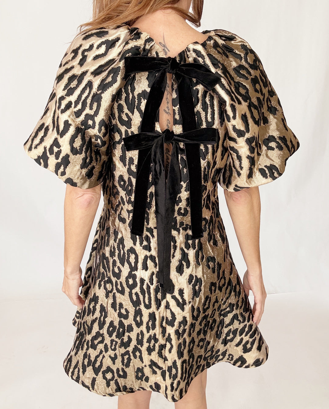 THML Puff Sleeve Metallic Cheetah Print Dress-Mini Dresses-THML-Shop with Bloom West Boutique, Women&