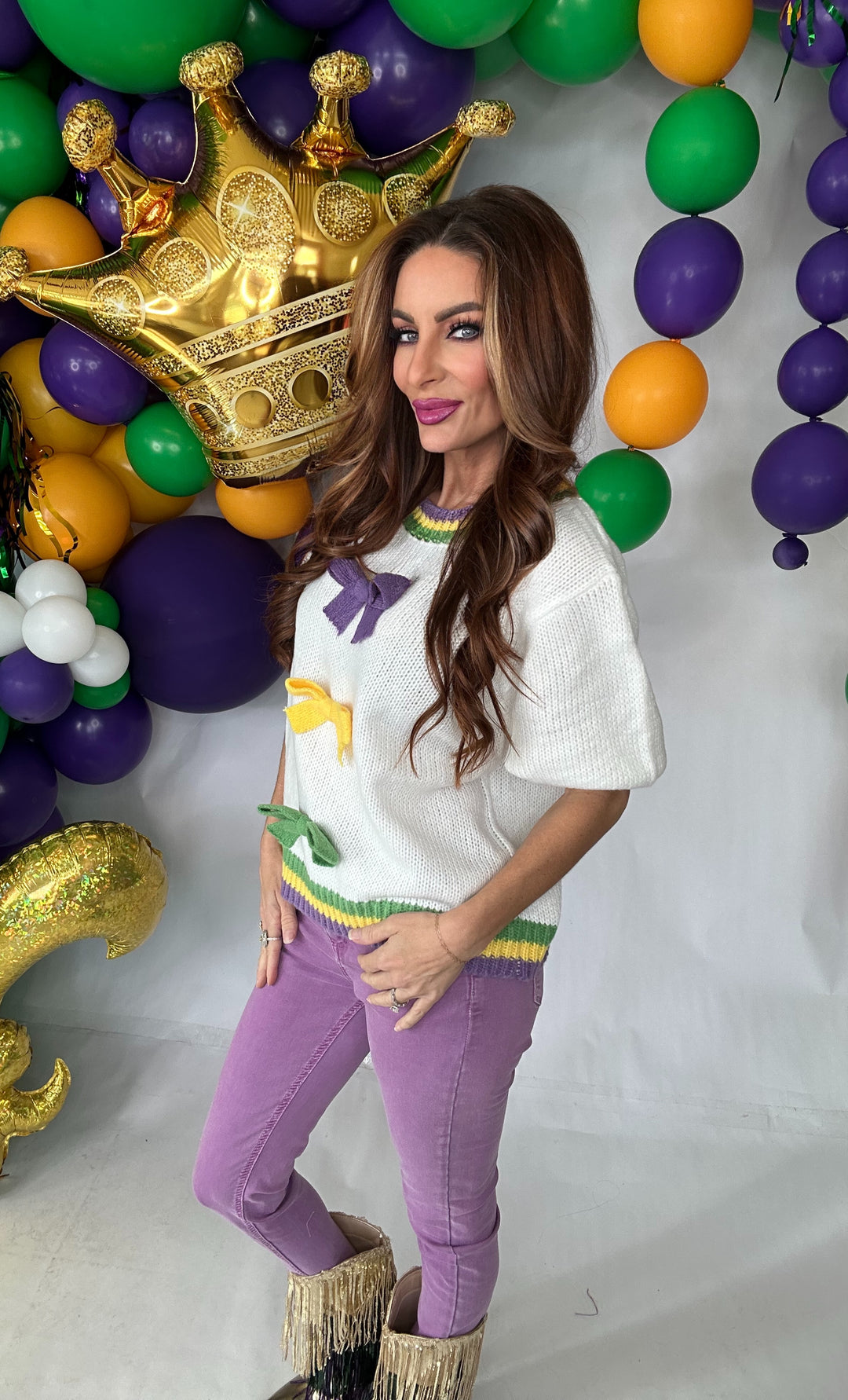 Mardi Gras Ivory Puff Sleeve Ribbon Bow Sweater-Sweaters-Bibi-Shop with Bloom West Boutique, Women's Fashion Boutique, Located in Houma, Louisiana