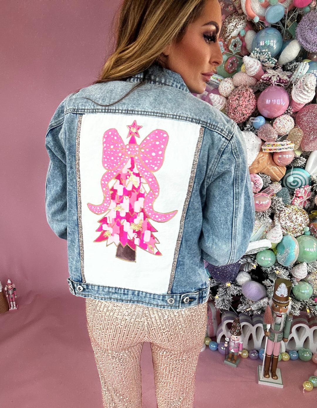 Women's Christmas Tree Hand Custom Painted Denim Jacket-Jackets-Hidden Brand-Shop with Bloom West Boutique, Women's Fashion Boutique, Located in Houma, Louisiana