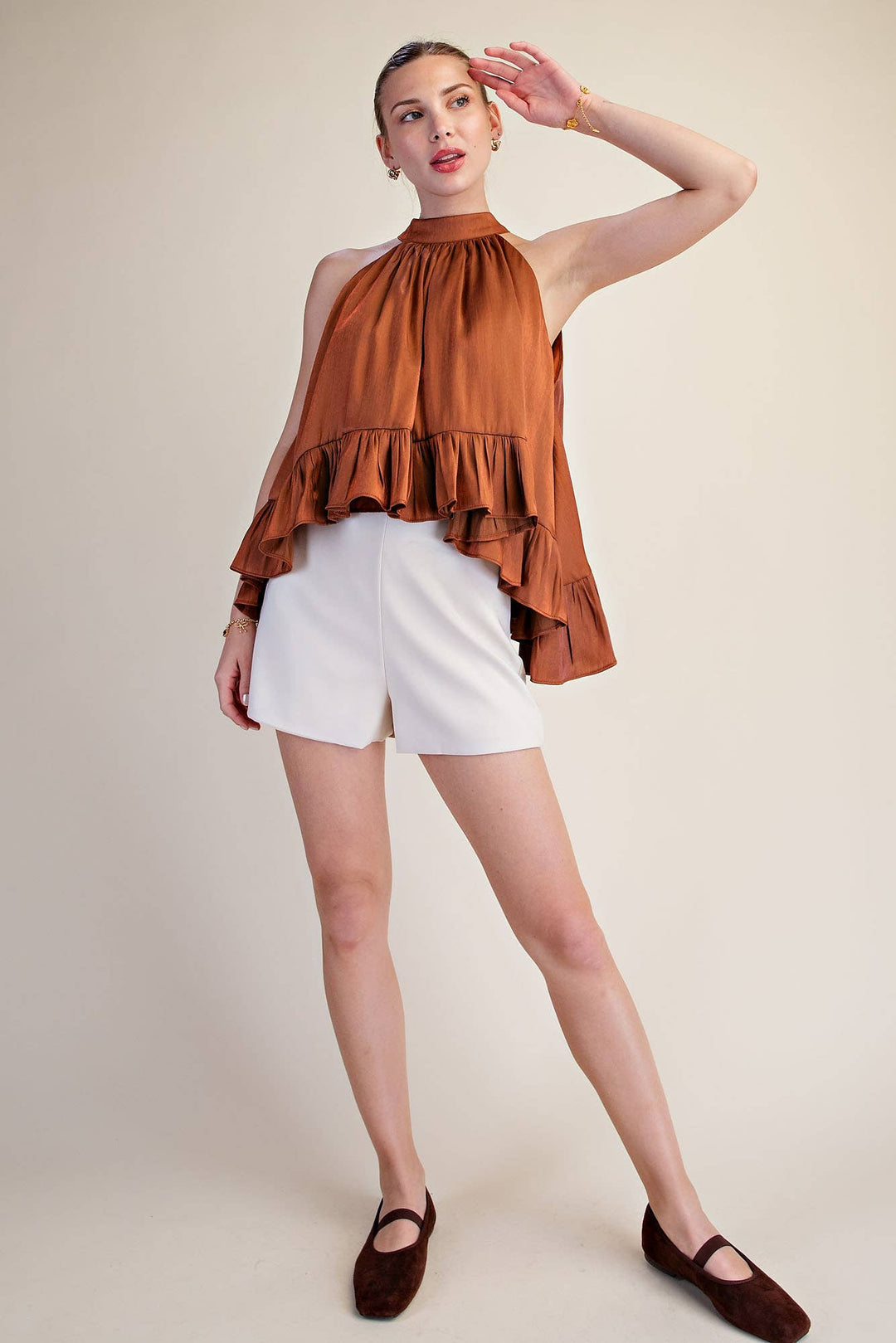 Ruffle Halter Top With Back Neck Tie-Glam-Shop with Bloom West Boutique, Women&