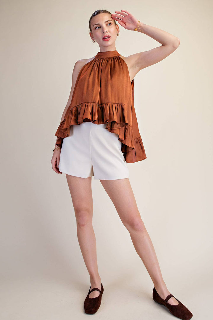 Ruffle Halter Top With Back Neck Tie-Glam-Shop with Bloom West Boutique, Women&