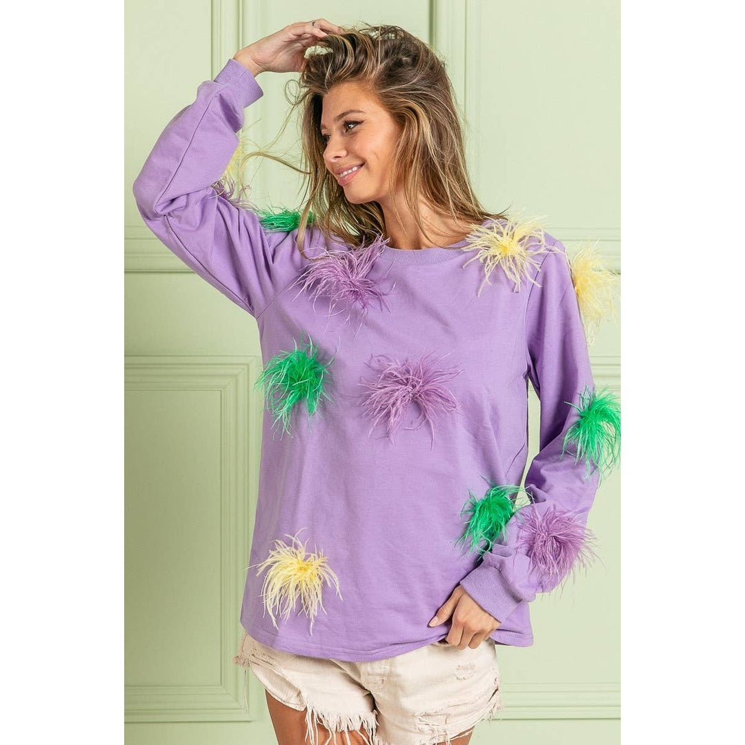 MARDI GRAS FAUX FEATHER TRIM TOP-BiBi-Shop with Bloom West Boutique, Women&