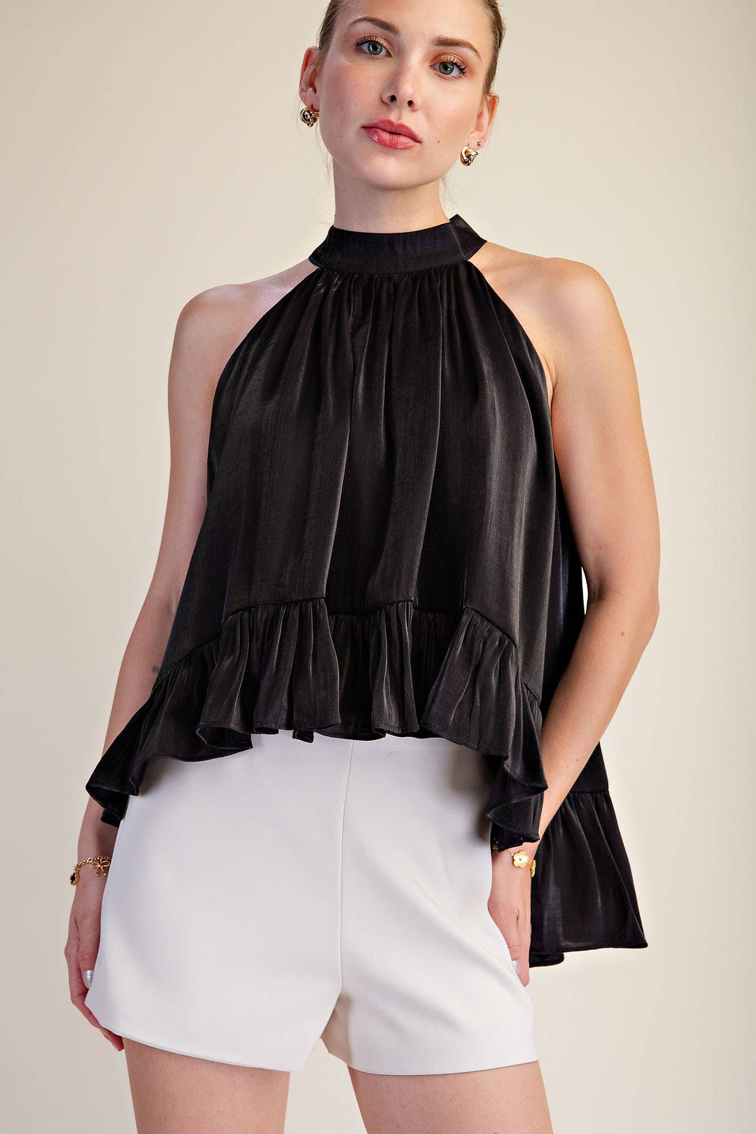 Ruffle Halter Top With Back Neck Tie-Glam-Shop with Bloom West Boutique, Women&