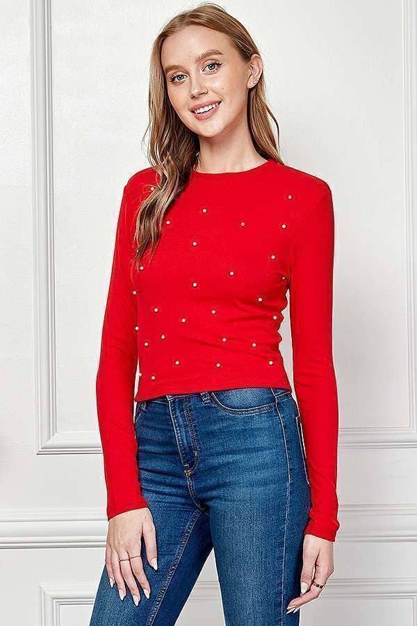 PEARL DETAIL LONG SLEEVE TOP-Long Sleeves-Heart & Hips-Shop with Bloom West Boutique, Women's Fashion Boutique, Located in Houma, Louisiana
