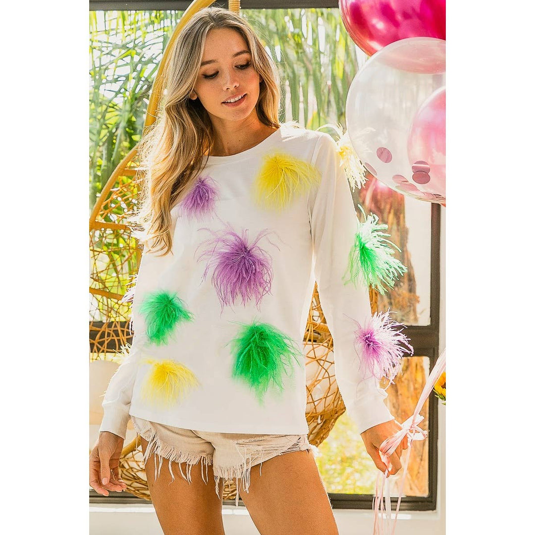 MARDI GRAS FAUX FEATHER TRIM TOP-BiBi-Shop with Bloom West Boutique, Women&