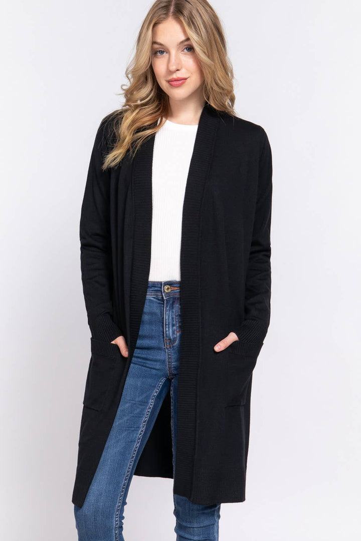 Long Sleeve Rib Banded Open Tunic Sweater Cardigan: Blk-Black / L-Cardigans-Active Basic | Active USA-Shop with Bloom West Boutique, Women's Fashion Boutique, Located in Houma, Louisiana