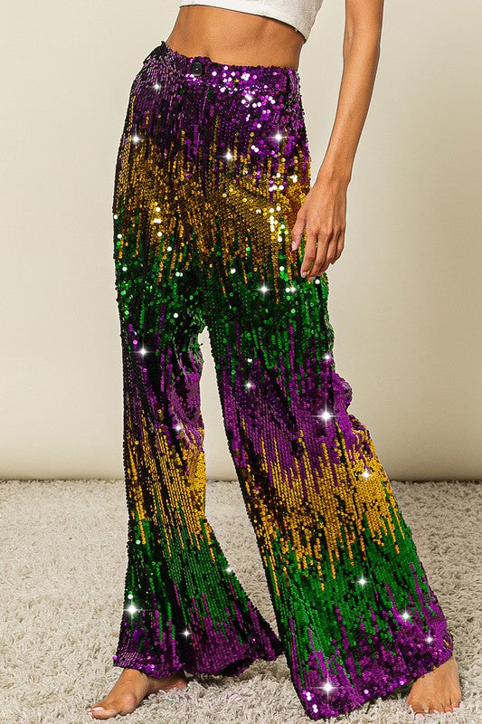 Mardi Gras Sequin Wide Leg Pants-Pants-Bibi-Shop with Bloom West Boutique, Women's Fashion Boutique, Located in Houma, Louisiana