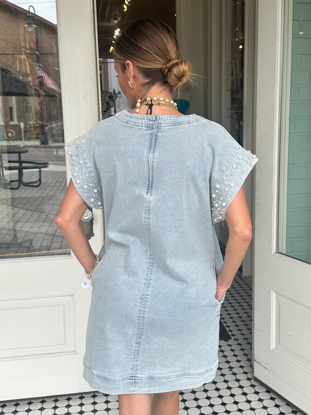 Zoie Denim Pearl Sleeve Dress-Dresses-Entro-Shop with Bloom West Boutique, Women's Fashion Boutique, Located in Houma, Louisiana