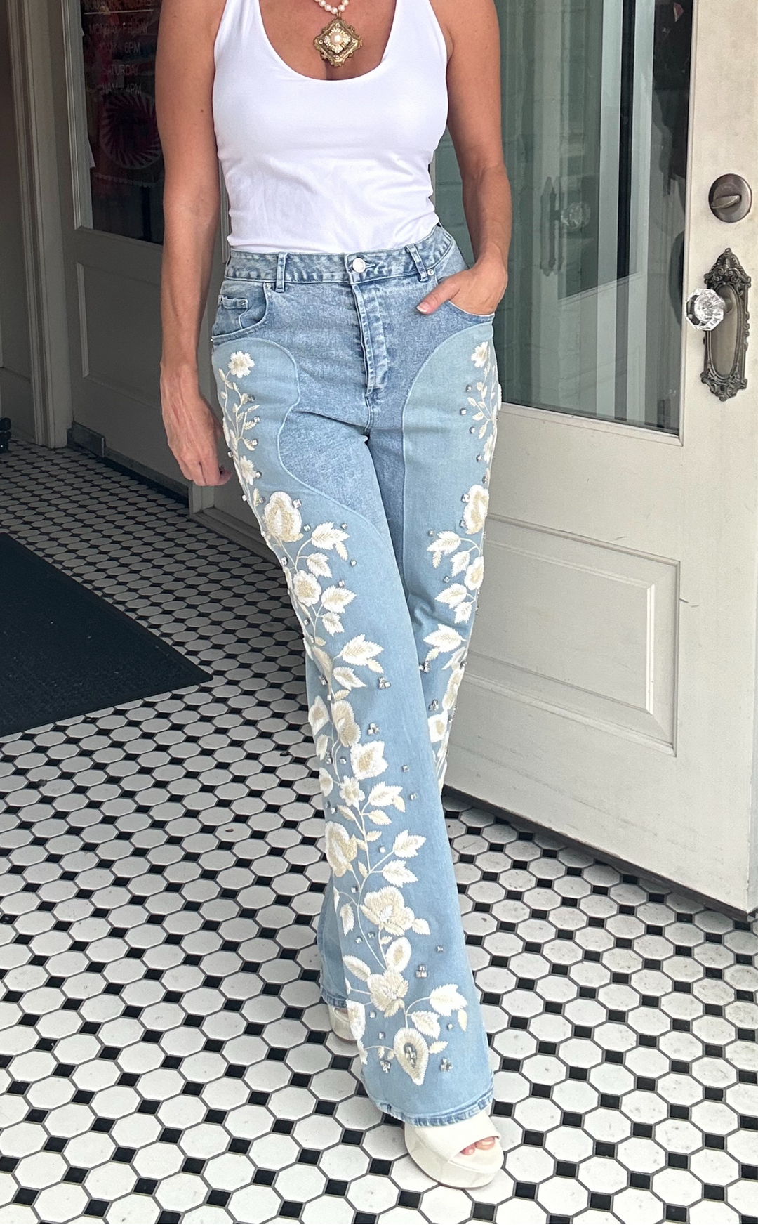 Willow Embroidery Mid Rise Stretch Stone Embellished Jeans-jeans-blue b-Shop with Bloom West Boutique, Women's Fashion Boutique, Located in Houma, Louisiana