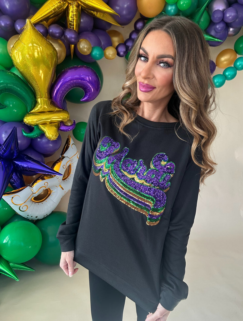 Layered Mardi Sequin Lettering Pullover-Graphic Sweaters-Bibi-Shop with Bloom West Boutique, Women's Fashion Boutique, Located in Houma, Louisiana