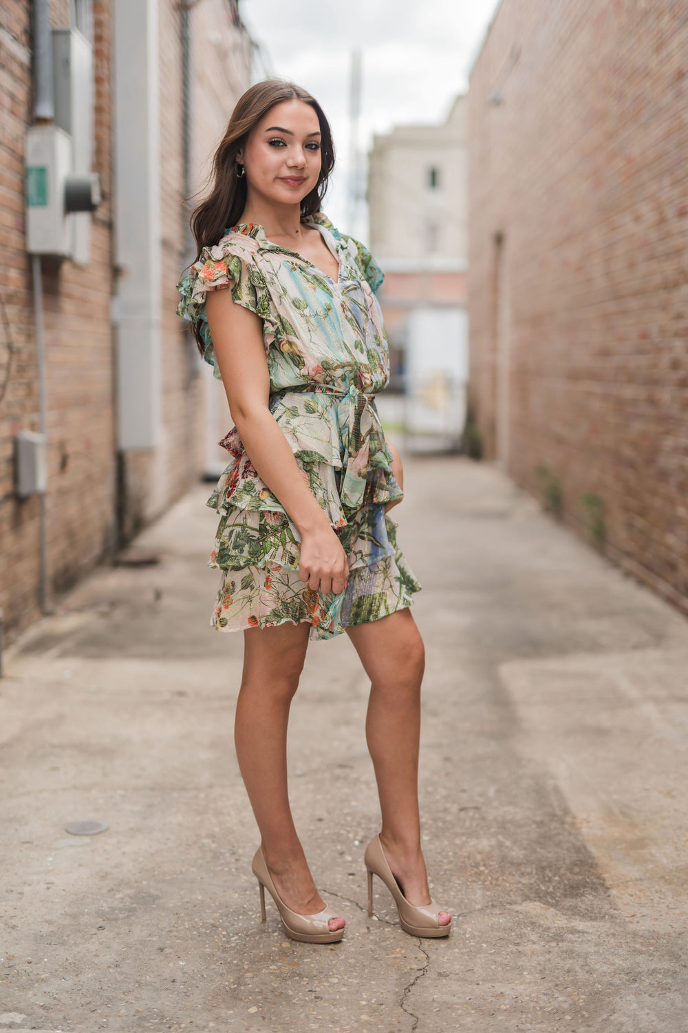 Grace Metallic Tiered Dress W/Fabric Belt Green Multi-Dresses-La Fuori-Shop with Bloom West Boutique, Women's Fashion Boutique, Located in Houma, Louisiana