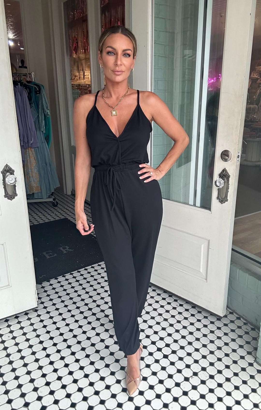 Faith Sleeveless Tie Waist Jumpsuit-Jumpsuits-Capella Apparel-Shop with Bloom West Boutique, Women's Fashion Boutique, Located in Houma, Louisiana