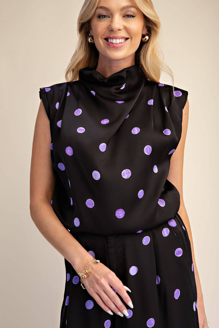 Cowl Mock Neck Pleats Shoulder Sleeveless Top Polka Dot-Glam-Shop with Bloom West Boutique, Women&