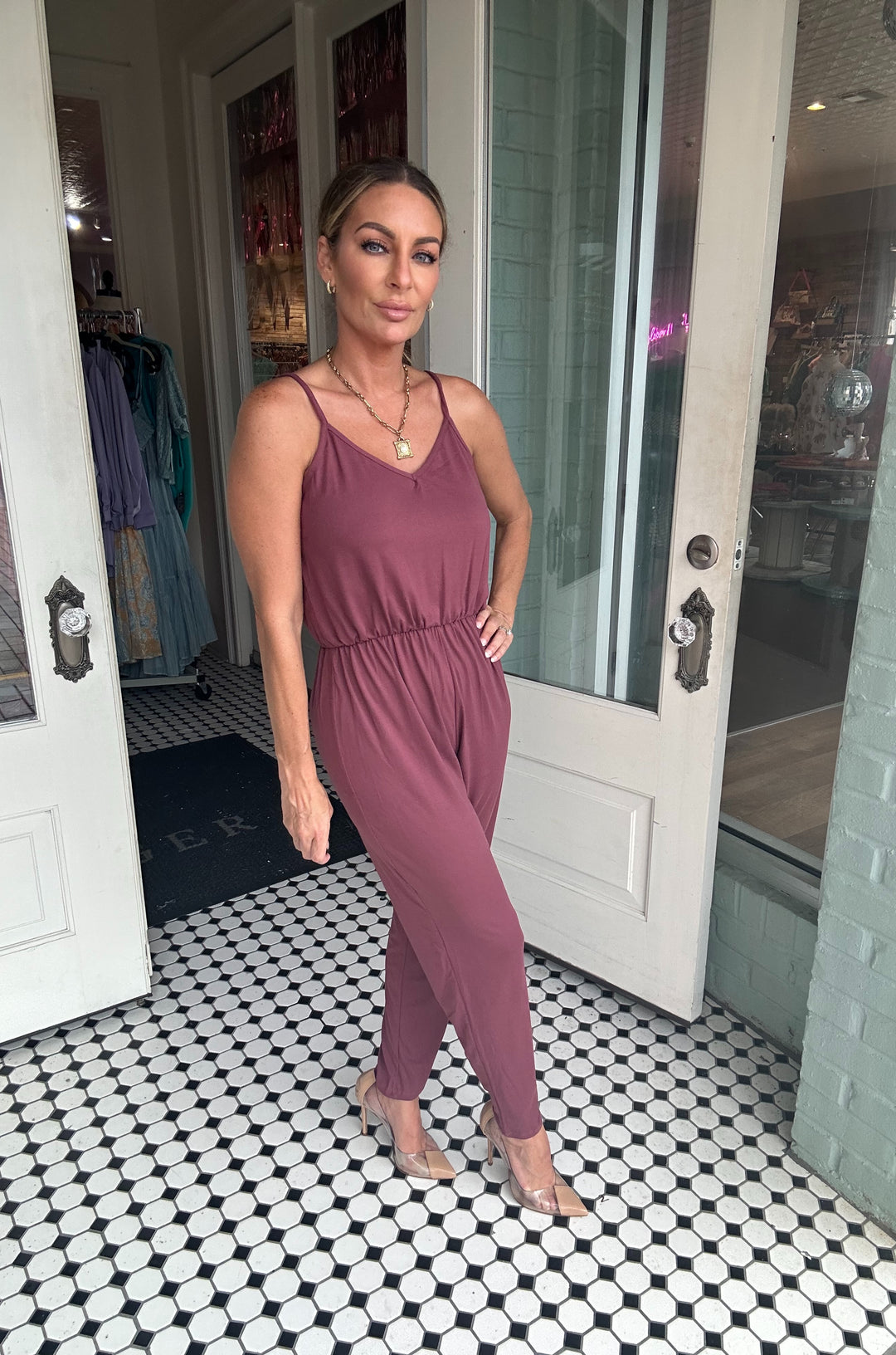 Gena Spaghetti Strap Elastic Waist Jumpsuit-Jumpsuits-Capella Apparel-Shop with Bloom West Boutique, Women's Fashion Boutique, Located in Houma, Louisiana