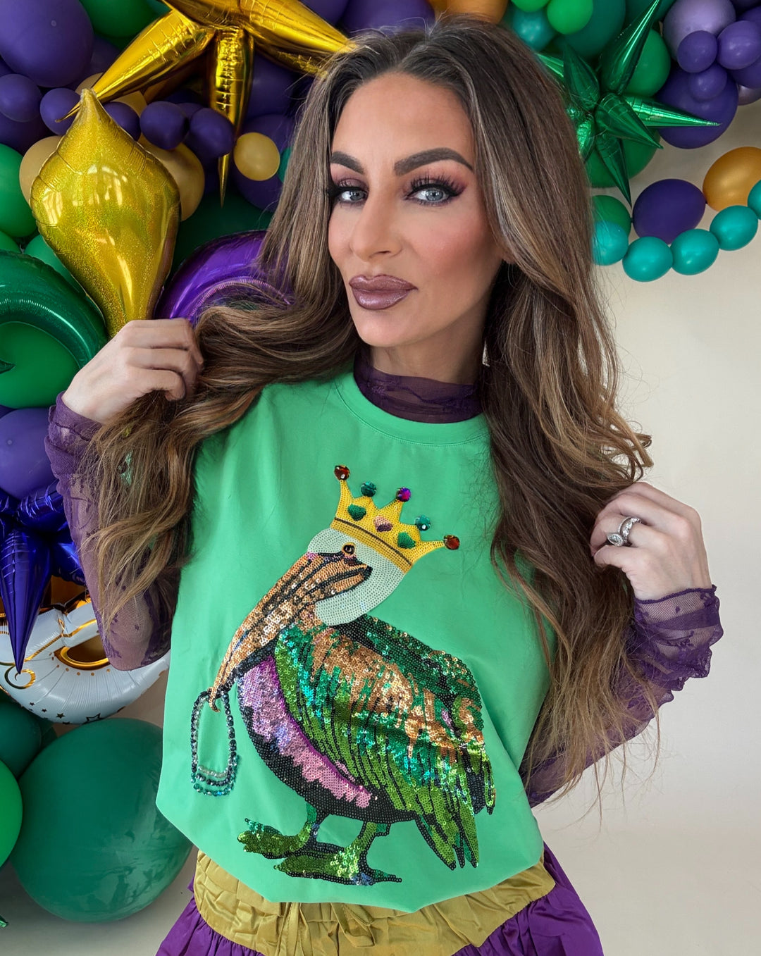 Pelican Mardi Gras Sequin Top-Graphic Tees-Bomb Designs-Shop with Bloom West Boutique, Women's Fashion Boutique, Located in Houma, Louisiana