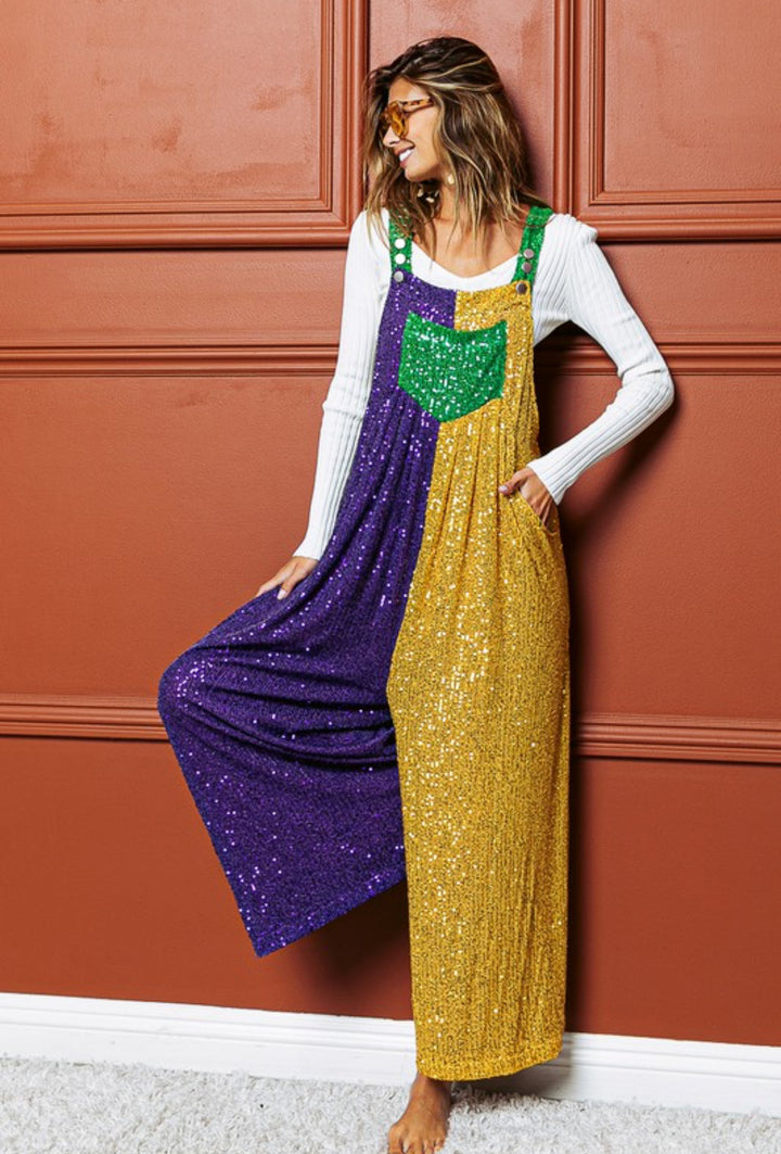 Sequin Mardi Gras Color Block Overalls-Jumpsuits-Bibi-Shop with Bloom West Boutique, Women's Fashion Boutique, Located in Houma, Louisiana