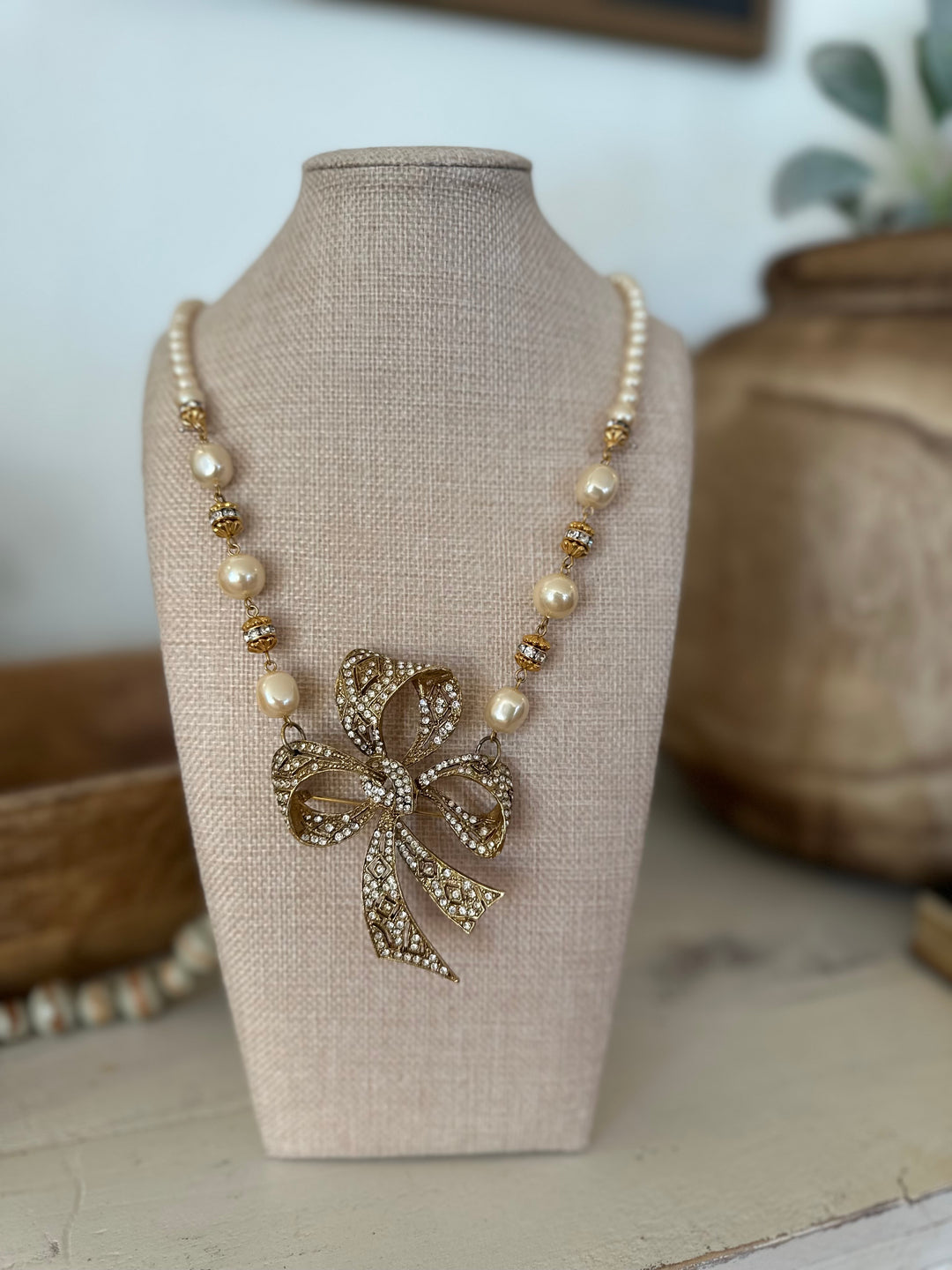 Erin Knight Design Vintage Rhinestone Bow Pearl Necklace-Necklaces-Erin Knight Designs-Shop with Bloom West Boutique, Women's Fashion Boutique, Located in Houma, Louisiana