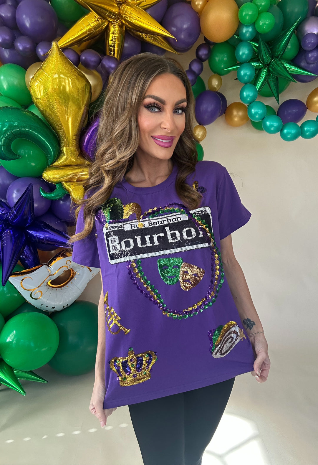 Bourbon Mardi Gras Purple Sequin Design Top-Graphic Tees-Bomb Designs-Shop with Bloom West Boutique, Women's Fashion Boutique, Located in Houma, Louisiana