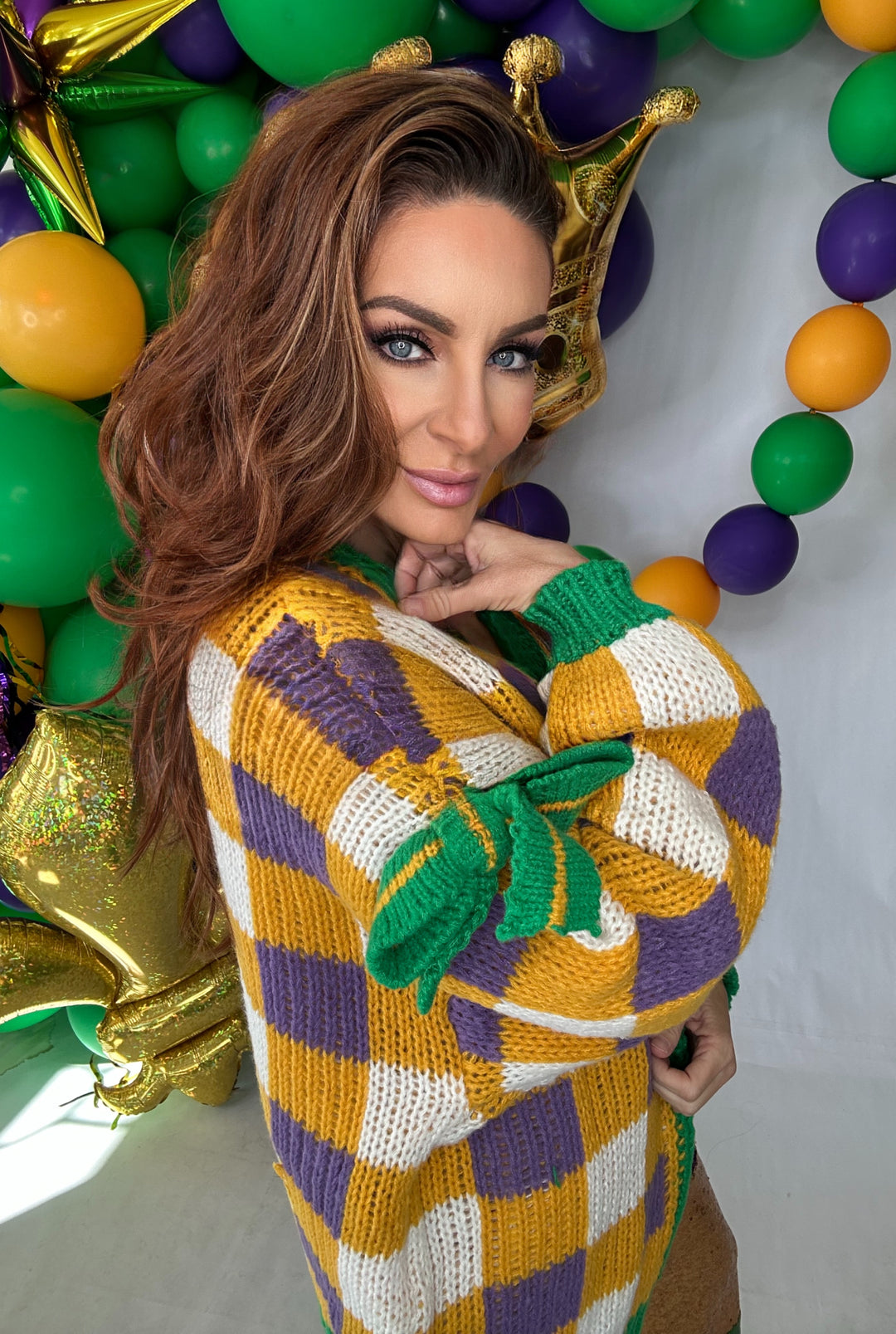 Mardi Gras Checker Board Front Open Cardigan-Cardigans-Bibi-Shop with Bloom West Boutique, Women's Fashion Boutique, Located in Houma, Louisiana