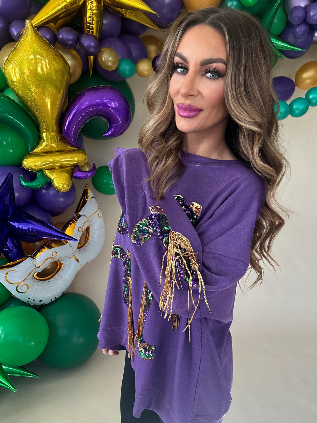 Nemesis Fringed Mardi Gras Boots Sequin Pullover-Graphic Sweaters-Bibi-Shop with Bloom West Boutique, Women's Fashion Boutique, Located in Houma, Louisiana