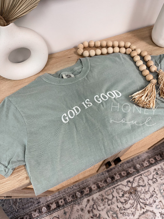 Embroidered GOD IS GOOD Tee-Graphic Tees-Honey Soul LLC-Shop with Bloom West Boutique, Women's Fashion Boutique, Located in Houma, Louisiana