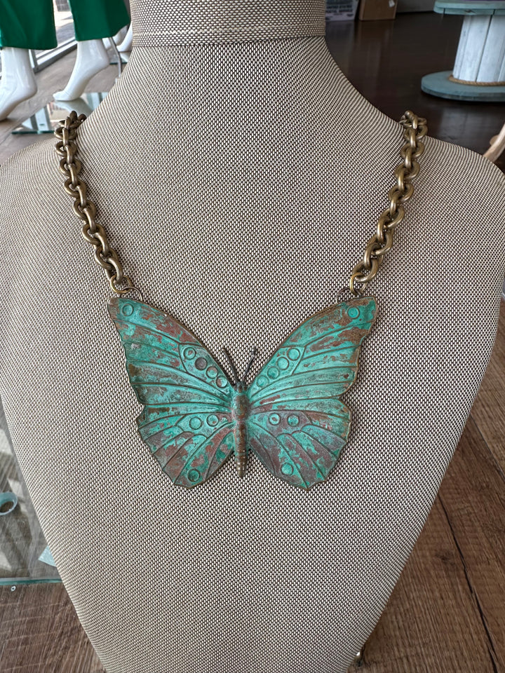 Vintage Gold Plated Chain With Patina Butterfly Necklace-Necklaces-Erin Knight Designs-Shop with Bloom West Boutique, Women's Fashion Boutique, Located in Houma, Louisiana