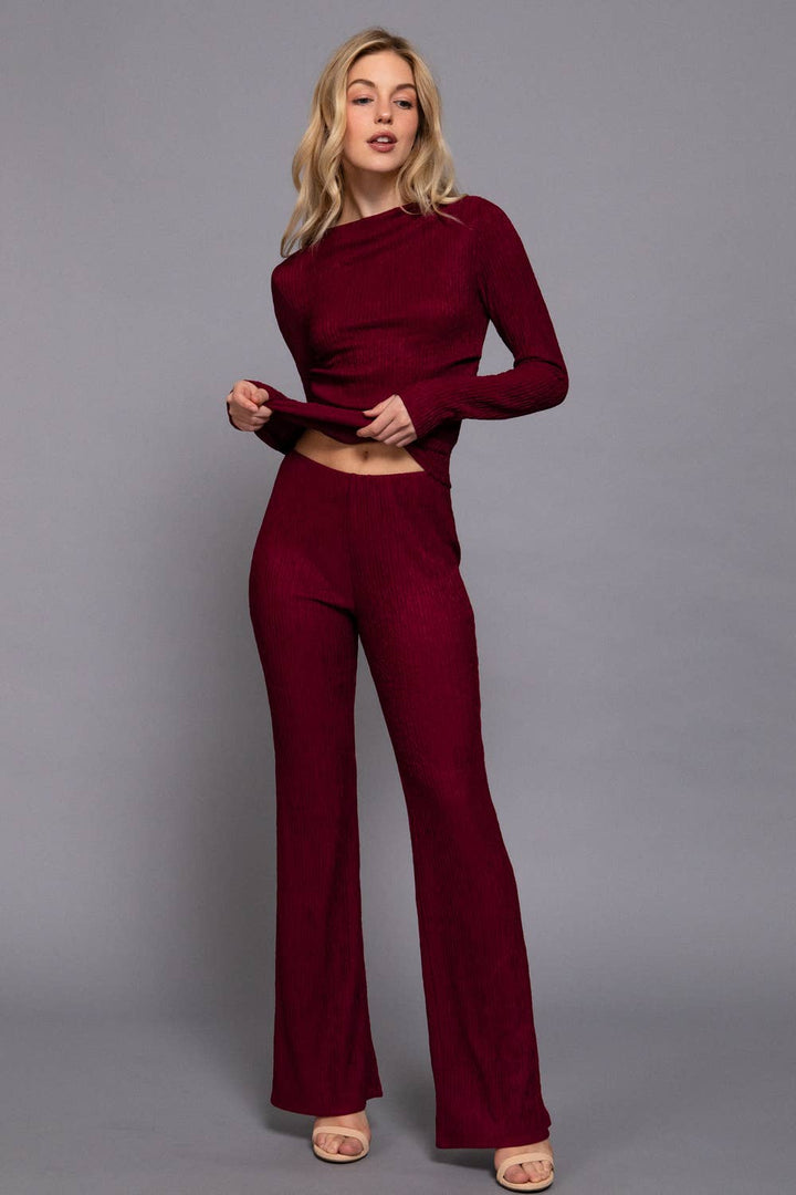 Long Sleeve Draped Top & Waist Band Flare Pants Set: BRG-wine / L-Two Piece Set-Active Basic | Active USA-Shop with Bloom West Boutique, Women's Fashion Boutique, Located in Houma, Louisiana